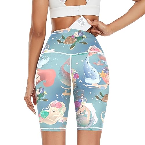 Linomo Damen Yoga Shorts Süß Meerjungfrau Schildkröte Yoga-Hose Kurze Sporthose Leggings Fitness Shorts Laufhose Kurze Hose von Linomo