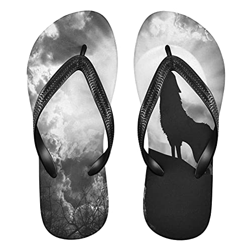 Linomo Herren Damen Zehentrenner Heulen Wolf Mond Flip Flops Badelatschen Casual Sandalen Sommer Strand Hausschuhe von Linomo