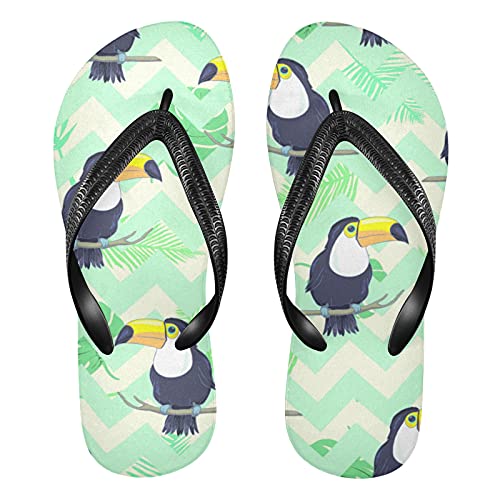 Linomo Herren Damen Zehentrenner Tropisch Tukan Blätter Flip Flops Badelatschen Casual Sandalen Sommer Strand Hausschuhe von Linomo