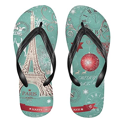 Linomo Herren Damen Zehentrenner Winter Weihnachten Paris Eiffelturm Flip Flops Badelatschen Casual Sandalen Sommer Strand Hausschuhe von Linomo
