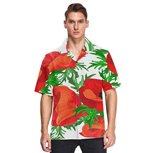 Linomo Herren Hawaiihemd, Blumen Mohn Blume Freizeithemden Button Down Casual Kurzarm Hawaiihemd Sommer Aloha Strand Hemden Beilaufig Hawaii Hemd von Linomo
