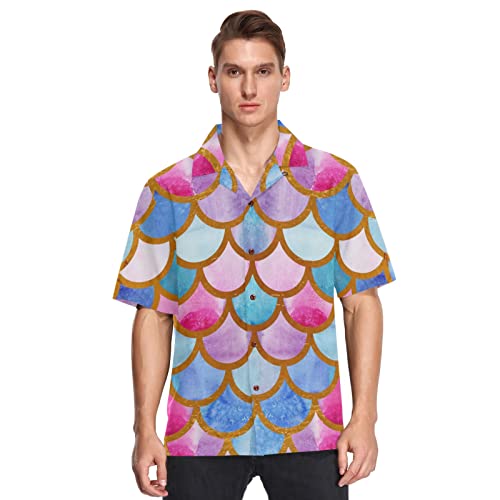 Linomo Herren Hawaiihemd, Bunt Fisch Meerjungfrau Waage Freizeithemden Button Down Casual Kurzarm Hawaiihemd Sommer Aloha Strand Hemden Beilaufig Hawaii Hemd von Linomo