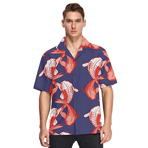 Linomo Herren Hawaiihemd, Japan Japanese Fisch Koi Freizeithemden Button Down Casual Kurzarm Hawaiihemd Sommer Aloha Strand Hemden Beilaufig Hawaii Hemd von Linomo