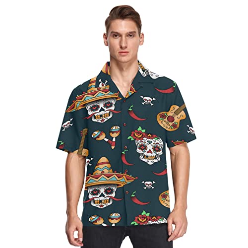 Linomo Herren Hawaiihemd, Mexiko Zucker Schädel Musik Gitarre Freizeithemden Button Down Casual Kurzarm Hawaiihemd Sommer Aloha Strand Hemden Beilaufig Hawaii Hemd von Linomo