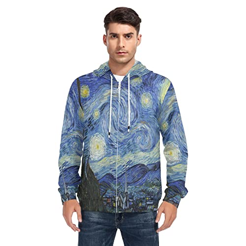 Linomo Herren Hoodie Van Gogh Sternennacht Kunst Malerei Pullover Reißverschluss Hoodies Kapuzenpullover mit Tasche, mehrfarbig, XXL von Linomo