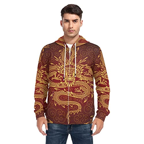 Linomo Herren Kapuzenpullover Chinesisch Drachen Ethnisch Zip Hoodie Sweatshirt Pullover Hooded Hoody mit Kängurutasche von Linomo