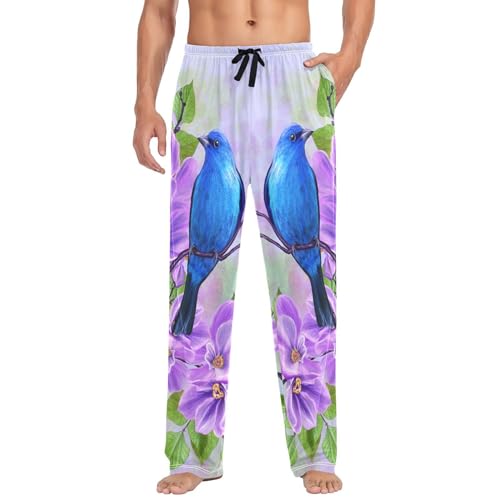 Linomo Herren Pyjamahose Blume Vogel Frühling Schlafhose Loungehose Lang Baumwolle Pyjamaunterteil Pyjamahose Freizeithose Loungehose für Männer von Linomo