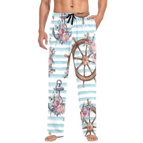 Linomo Herren Pyjamahose Blumen Nautisch Anker Rad Schlafhose Loungehose Lang Baumwolle Pyjamaunterteil Pyjamahose Freizeithose Loungehose für Männer von Linomo