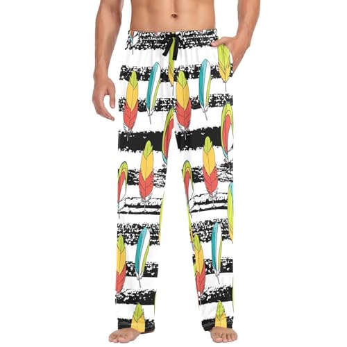 Linomo Herren Pyjamahose Bunt Feder Schwarz Streifen Schlafhose Loungehose Lang Baumwolle Pyjamaunterteil Pyjamahose Freizeithose Loungehose für Männer von Linomo