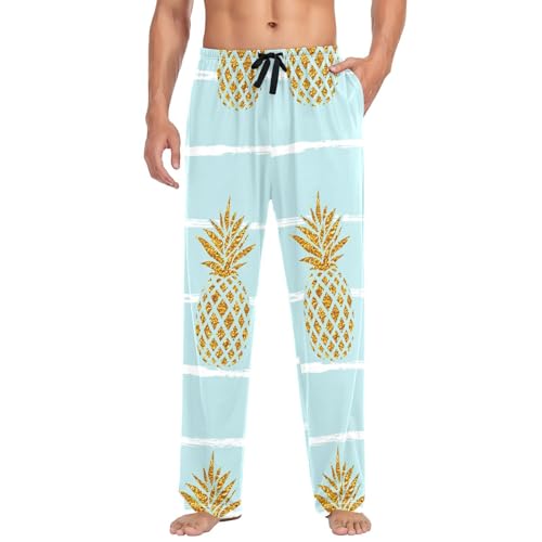 Linomo Herren Pyjamahose Gold Ananas Muster Schlafhose Loungehose Lang Baumwolle Pyjamaunterteil Pyjamahose Freizeithose Loungehose für Männer von Linomo