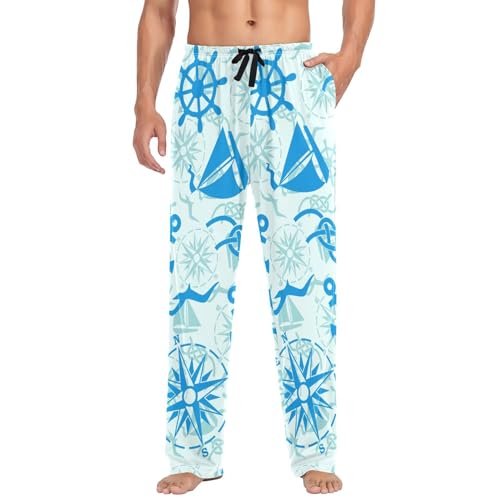 Linomo Herren Pyjamahose Nautisch Anker Kompass Schlafhose Loungehose Lang Baumwolle Pyjamaunterteil Pyjamahose Freizeithose Loungehose für Männer von Linomo