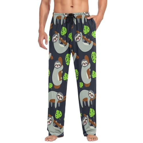 Linomo Herren Pyjamahose Süß Faultier Blätter Schlafhose Loungehose Lang Baumwolle Pyjamaunterteil Pyjamahose Freizeithose Loungehose für Männer von Linomo