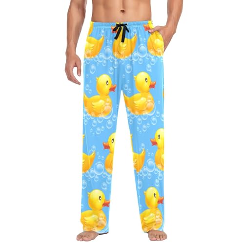 Linomo Herren Pyjamahose Süß Gelb Ente Schlafhose Loungehose Lang Baumwolle Pyjamaunterteil Pyjamahose Freizeithose Loungehose für Männer von Linomo