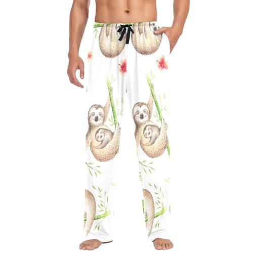 Linomo Herren Pyjamahose Süß Tier Faultier Schlafhose Loungehose Lang Baumwolle Pyjamaunterteil Pyjamahose Freizeithose Loungehose für Männer von Linomo