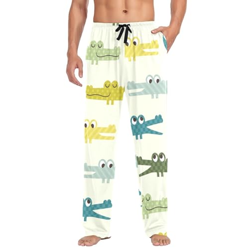 Linomo Herren Pyjamahose Süß Tier Krokodil Karikatur Schlafhose Loungehose Lang Baumwolle Pyjamaunterteil Pyjamahose Freizeithose Loungehose für Männer von Linomo