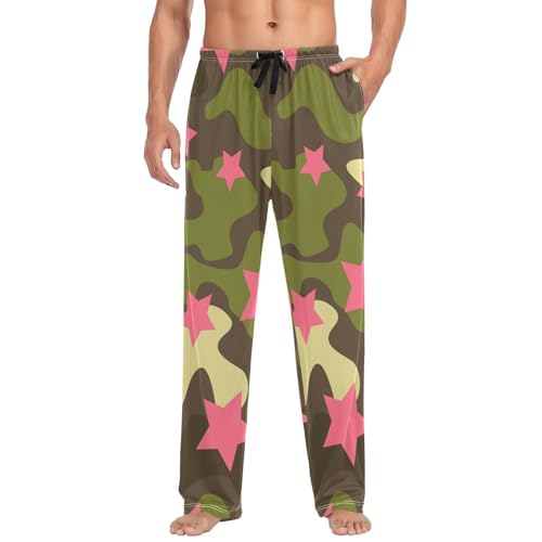 Linomo Herren Pyjamahose Tarnen Grün Camo Rosa Star Schlafhose Loungehose Lang Baumwolle Pyjamaunterteil Pyjamahose Freizeithose Loungehose für Männer von Linomo