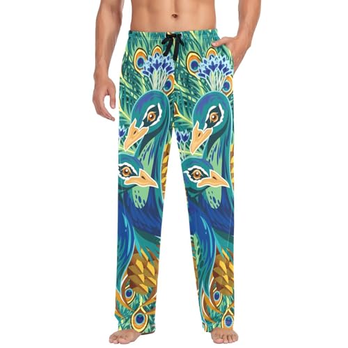Linomo Herren Pyjamahose Tier Pfau Schlafhose Loungehose Lang Baumwolle Pyjamaunterteil Pyjamahose Freizeithose Loungehose für Männer von Linomo