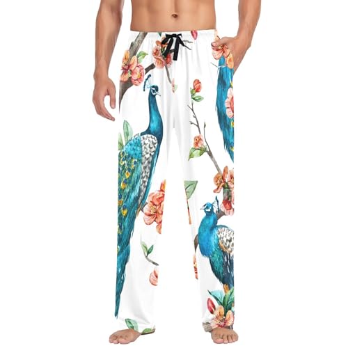 Linomo Herren Pyjamahose Tropisch Tier Pfau Schlafhose Loungehose Lang Baumwolle Pyjamaunterteil Pyjamahose Freizeithose Loungehose für Männer von Linomo