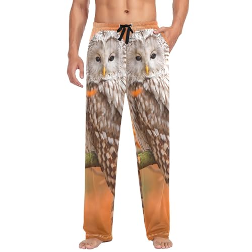 Linomo Herren Pyjamahose Vogel Eule Herbst Schlafhose Loungehose Lang Baumwolle Pyjamaunterteil Pyjamahose Freizeithose Loungehose für Männer von Linomo