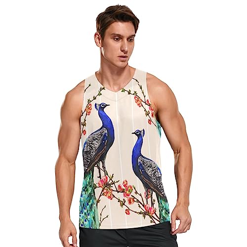 Linomo Herren Tank Top Blumen Tier Pfau Sommer Ärmellose Sportshirt Gym Fitness Sport Weste Muskelshirts T-Shirts von Linomo