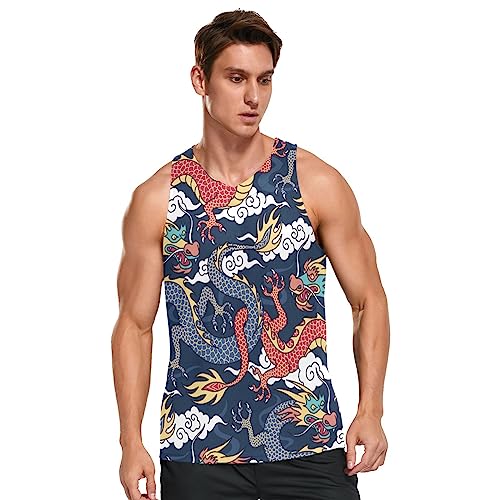 Linomo Herren Tank Top Chinese Drachen Sommer Ärmellose Sportshirt Gym Fitness Sport Weste Muskelshirts T-Shirts von Linomo