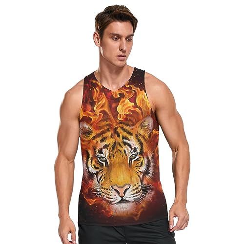 Linomo Herren Tank Top Feuer Tiger Sommer Ärmellose Sportshirt Gym Fitness Sport Weste Muskelshirts T-Shirts von Linomo