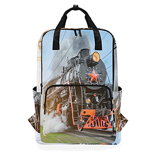 Linomo Jahrgang Dampf Lokomotive Zug Rucksack Daypacks Schultertasche Büchertasche Laptop Computerrucksack Umhängetasche Reisen Schulrucksack für Damen Herren Kinder Teenager von Linomo