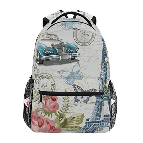 Linomo Jahrgang Eiffelturm Blume Schmetterling Rucksack Daypacks Schultertasche Büchertasche Laptop Reisen Schulrucksack für Damen Herren Kinder Mädchen Jungen Teenager von Linomo