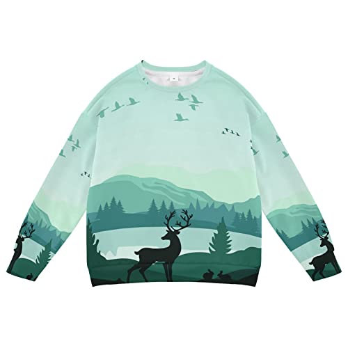 Linomo Kids Sweatshirt Jahrgang Wald Hirsch Vogel Langarmshirts Kinder Langarm Tops Rundhals T-Shirt Pullover für Jungen Mädchen von Linomo