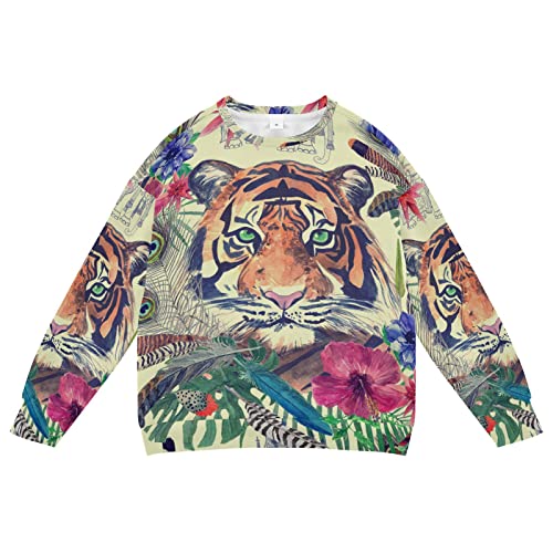 Linomo Kids Sweatshirt Tropisch Blätter Blume Tiger Gesicht Langarmshirts Kinder Langarm Tops Rundhals T-Shirt Pullover für Jungen Mädchen von Linomo