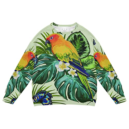 Linomo Kids Sweatshirt Tropisch Papagei Blume Blätter Schmetterling Langarmshirts Kinder Langarm Tops Rundhals T-Shirt Pullover für Jungen Mädchen von Linomo