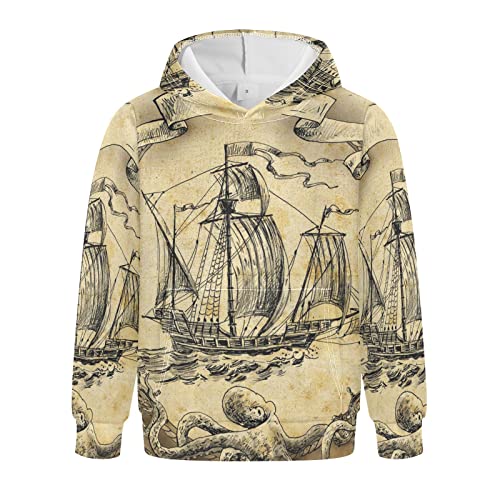 Linomo Kinder Kapuzenpullover Jahrgang Tintenfisch Segeln Schiff Hoodie Sweatshirt Pullover Hooded Hoody mit Kängurutasche für 4-10 Jahre Jungen Mädchen von Linomo