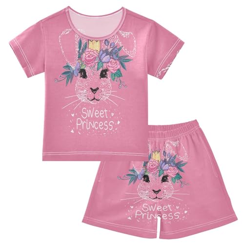 Linomo Kinder Kurze Pyjama-Set Floral Hase Mädchen Schlafanzug Set Sommer Baumwolle Jungen Nachtwäsche-Set von Linomo