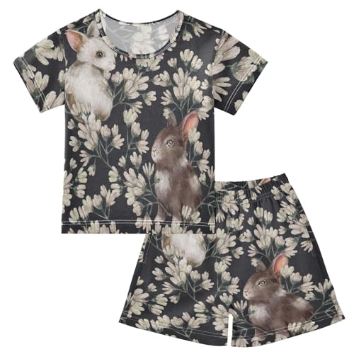 Linomo Kinder Kurze Pyjama-Set Jahrgang Blume Hase Kaninchen Mädchen Schlafanzug Set Sommer Baumwolle Jungen Nachtwäsche-Set von Linomo