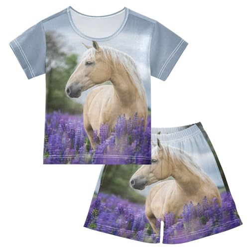 Linomo Kinder Kurze Pyjama-Set Tier Pferd Lavendel Blume Mädchen Schlafanzug Set Sommer Baumwolle Jungen Nachtwäsche-Set von Linomo