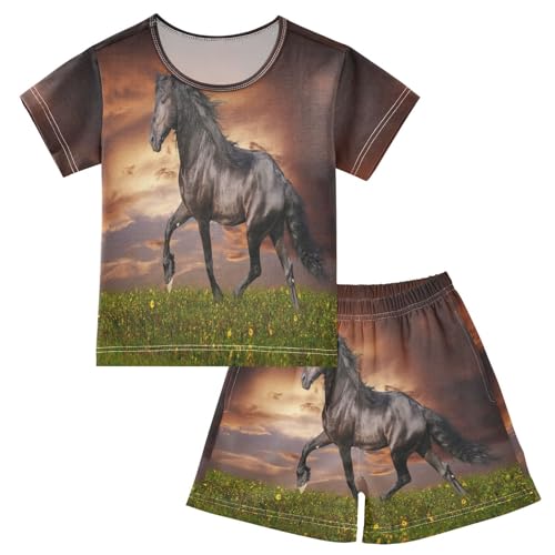 Linomo Kinder Kurze Pyjama-Set Tier Schwarz Pferd Mädchen Schlafanzug Set Sommer Baumwolle Jungen Nachtwäsche-Set von Linomo