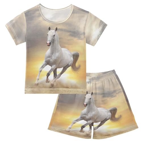 Linomo Kinder Kurze Pyjama-Set Tier Weiß Pferd Mädchen Schlafanzug Set Sommer Baumwolle Jungen Nachtwäsche-Set von Linomo