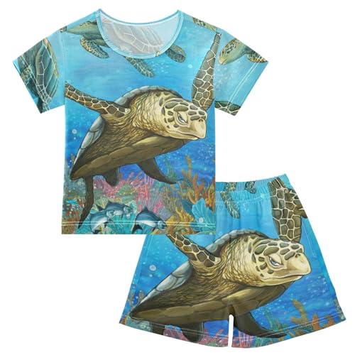 Linomo Kinder Kurze Pyjama-Set Tropisch Unterwasser Schildkröte Mädchen Schlafanzug Set Sommer Baumwolle Jungen Nachtwäsche-Set von Linomo