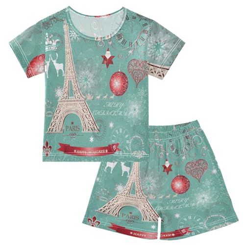 Linomo Kinder Kurze Pyjama-Set Winter Weihnachten Paris Eiffelturm Mädchen Schlafanzug Set Sommer Baumwolle Jungen Nachtwäsche-Set von Linomo