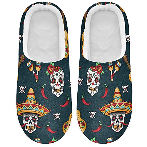 Linomo Mexiko Zucker Schädel Gitarre Hausschuhe für Unisex Damen Männer Hausschuhe Wärme Drinnen Hausschuhe Schlafzimmer Schuh von Linomo