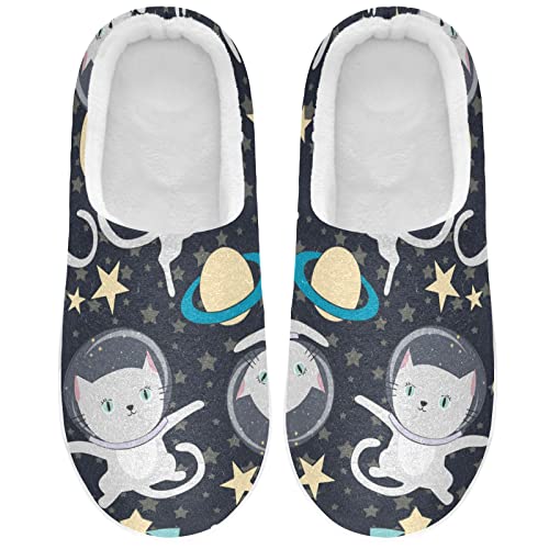 Linomo Stars Astronaut Süß Katze Hausschuhe für Unisex Damen Männer Hausschuhe Wärme Drinnen Hausschuhe Schlafzimmer Schuh von Linomo