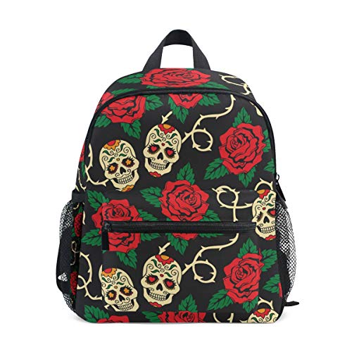 Linomo Sugar Skull Floral Rose Kinder Rucksack Tagesrucksack Büchertasche Vorschule Kleinkind Rucksäcke Kindergarten Umhängetasche für Jungen Mädchen Kind, mehrfarbig von Linomo