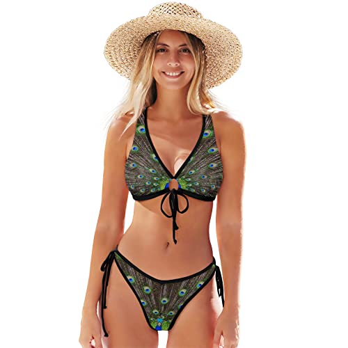 Linomo Tier Pfau Feder Damen Bikini Set Zweiteiliger Badeanzug Bademode Swimsuit von Linomo