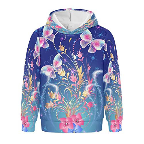 Linomo Unisex Kinder Hoodies Galaxy Schmetterling Blume Pullover Hoodies Kapuzenpullover für 4-10 Jahre Junge Mädchen, mehrfarbig, 10 Jahre von Linomo