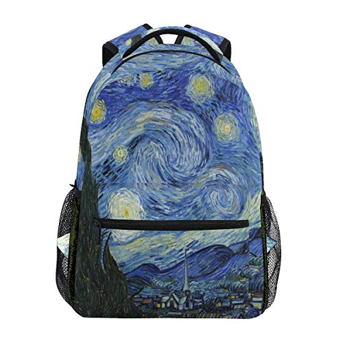 Linomo Van Gogh Sternenklar Nacht Kunst Malerei Rucksack Daypacks Schultertasche Büchertasche Laptop Reisen Schulrucksack für Damen Herren Kinder Mädchen Jungen Teenager von Linomo