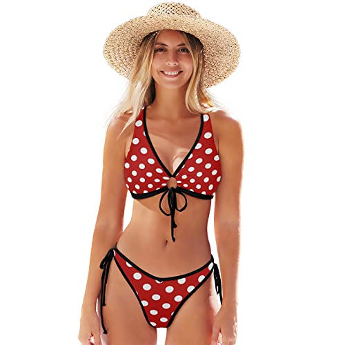 Linomo Weiß Tupfen Rot Damen Bikini Set Zweiteiliger Badeanzug Bademode Swimsuit von Linomo
