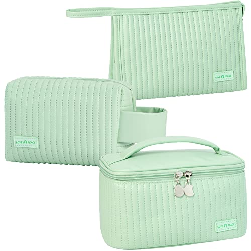 Linpr Kosmetiktasche Damen Groß 3er Set Make Up Tasche Große Kapazität Wasserfest Schminktasche Reisen Organizer für Frauen und Mädchen, Kulturbeutel aus PU-gestreiftem Leder (Hellgrün) von Linpr