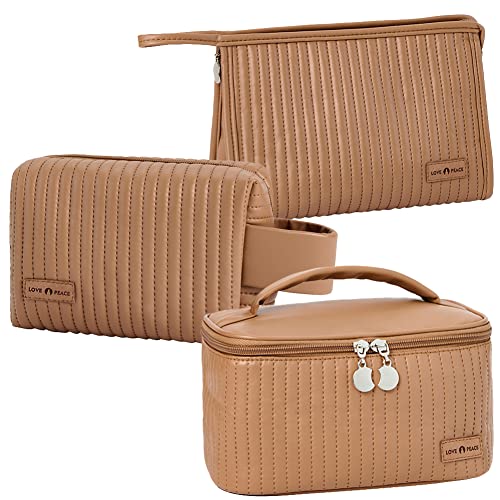 Linpr Kosmetiktasche Damen Groß 3er Set Make Up Tasche Große Kapazität Wasserfest Schminktasche Reisen Organizer für Frauen und Mädchen, Kulturbeutel aus PU-gestreiftem Leder (Kaffee) von Linpr