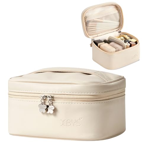 Linpr Make-up-Tasche für Frauen, Reise-Make-up-Taschen Organizer mit Hand, tragbare Kosmetiktasche mit Pinselfach, kleine Make-up-Kulturbeutel mit PU-Leder, wasserabweisend, weiß, S, SIMPLE von Linpr