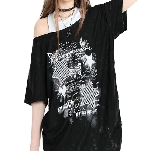 Emo-Grunge-Shirt Damen-T-Shirts Grafik-Baby-Y2K-Oberteile Alternative Kleidung Fake-Zweiteiler Kurzarm-Vintage-T-Shirts von Linsennia